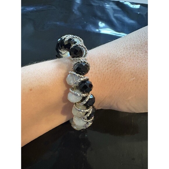 Vintage Clear Black Crystal Expansion Bracelet Mid Century - Picture 2 of 4
